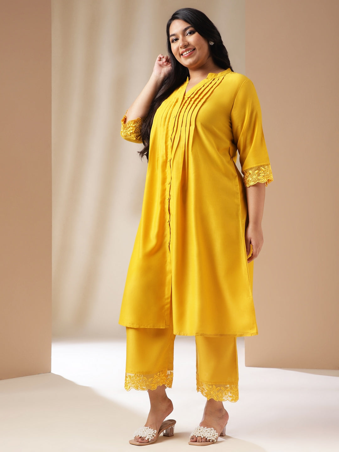 Janasya Pleated Muslin Yellow Solid Band Collar Kurta Set | Swadesiicart