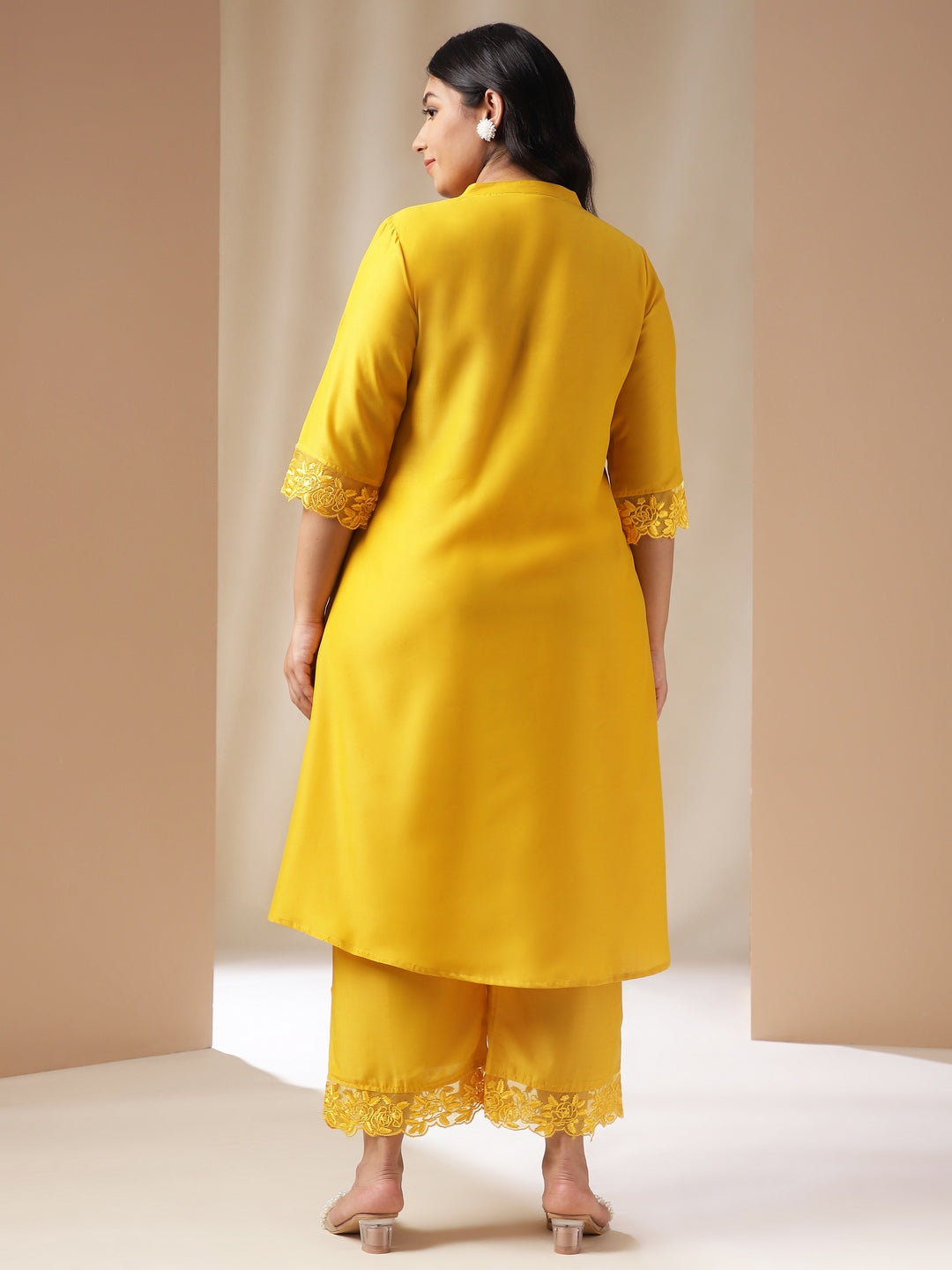 Janasya Pleated Muslin Yellow Solid Band Collar Kurta Set | Swadesiicart