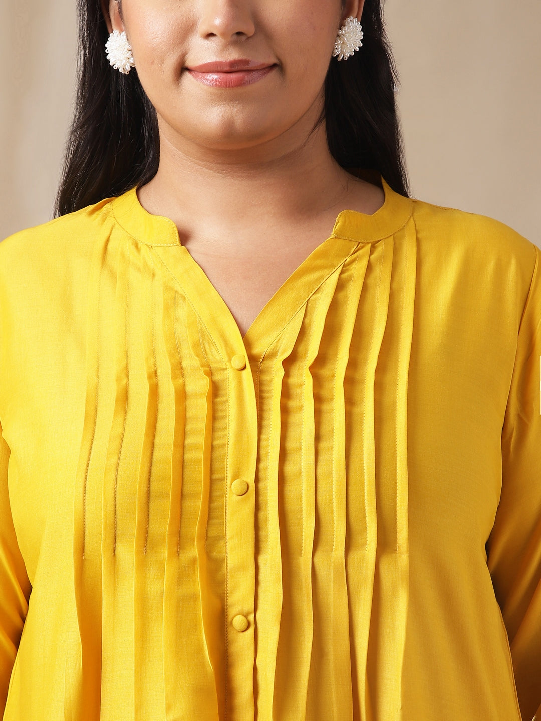Janasya Pleated Muslin Yellow Solid Band Collar Kurta Set | Swadesiicart