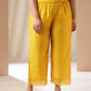 Janasya Pleated Muslin Yellow Solid Band Collar Kurta Set | Swadesiicart