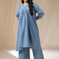 Janasya Gathering Muslin Blue Solid V-Neck Set | Swadesiicart