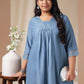 Janasya Gathering Muslin Blue Solid V-Neck Set | Swadesiicart