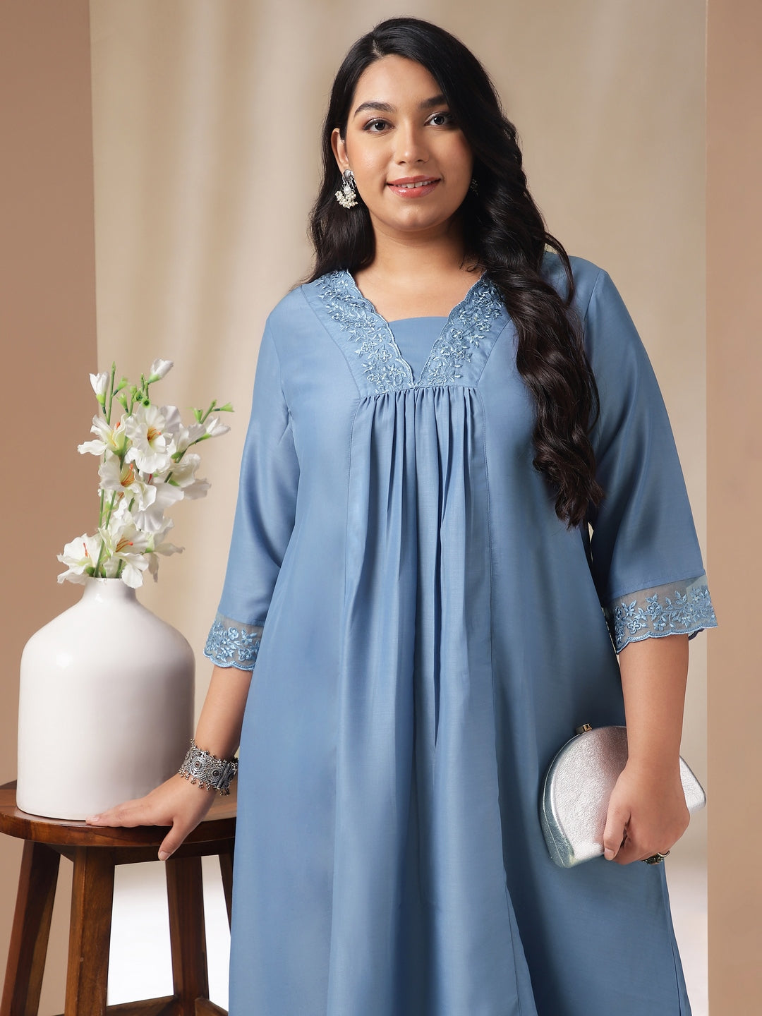 Janasya Gathering Muslin Blue Solid V-Neck Set | Swadesiicart