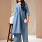 Janasya Gathering Muslin Blue Solid V-Neck Set | Swadesiicart