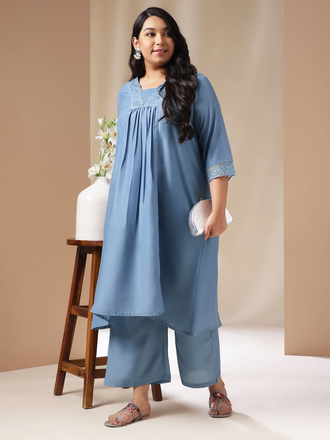 Janasya Gathering Muslin Blue Solid V-Neck Set | Swadesiicart