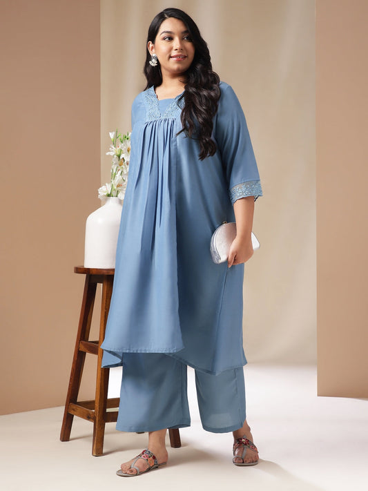 Janasya Gathering Muslin Blue Solid V-Neck Set | Swadesiicart