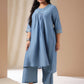 Janasya Gathering Muslin Blue Solid V-Neck Set | Swadesiicart