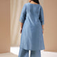 Janasya Gathering Muslin Blue Solid V-Neck Set | Swadesiicart