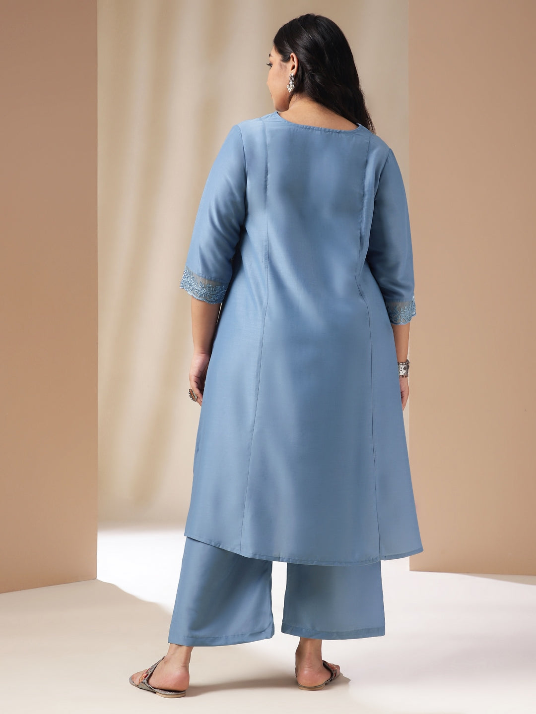 Janasya Gathering Muslin Blue Solid V-Neck Set | Swadesiicart