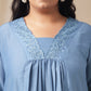 Janasya Gathering Muslin Blue Solid V-Neck Set | Swadesiicart