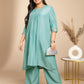 Janasya Gathering Muslin Sage Yoke Embroidery V-Neck Kurta Set | Swadesiicart