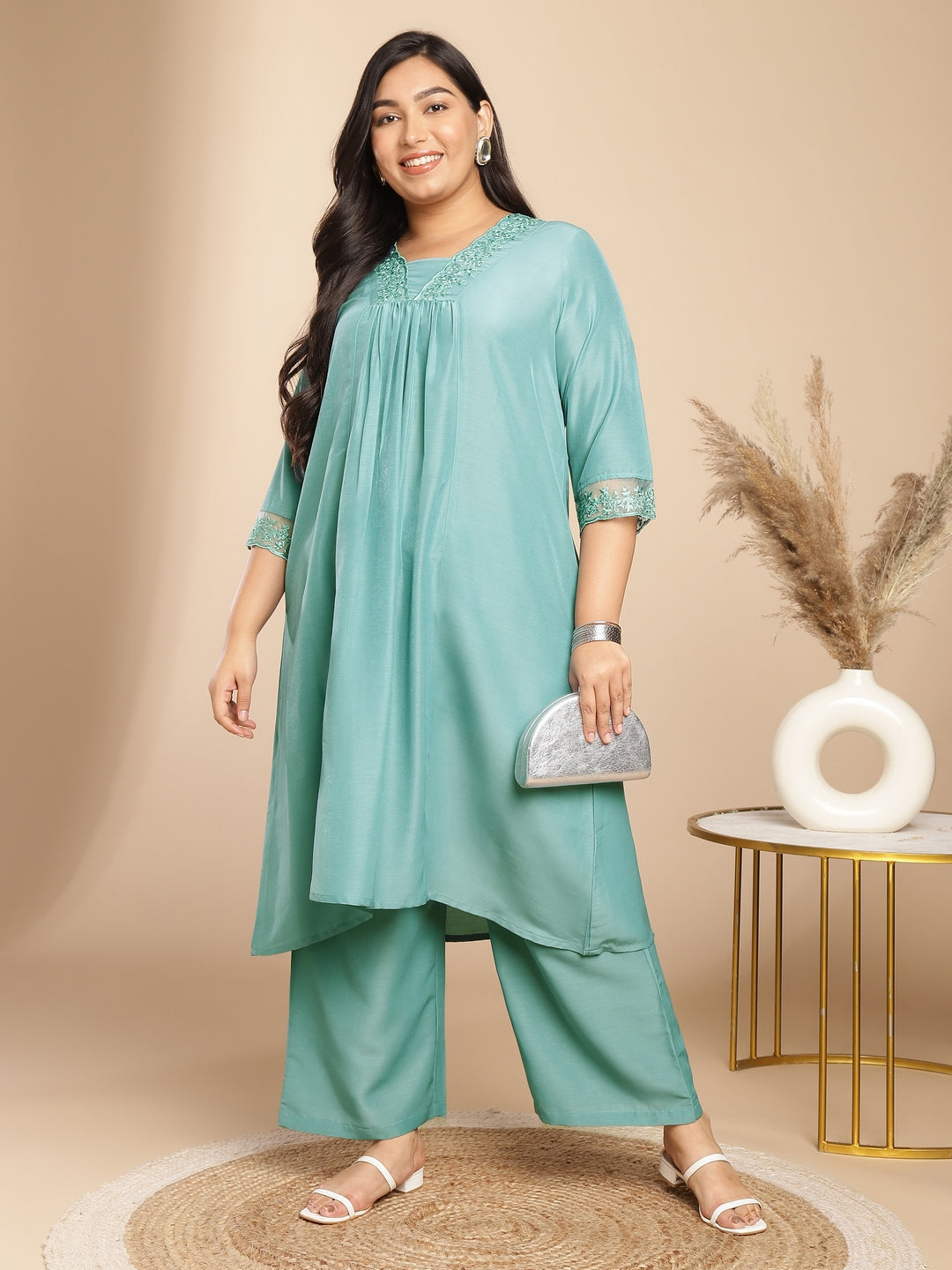 Janasya Gathering Muslin Sage Yoke Embroidery V-Neck Kurta Set | Swadesiicart