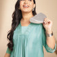 Janasya Gathering Muslin Sage Yoke Embroidery V-Neck Kurta Set | Swadesiicart