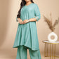 Janasya Gathering Muslin Sage Yoke Embroidery V-Neck Kurta Set | Swadesiicart