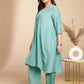 Janasya Gathering Muslin Sage Yoke Embroidery V-Neck Kurta Set | Swadesiicart