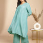 Janasya Gathering Muslin Sage Yoke Embroidery V-Neck Kurta Set | Swadesiicart