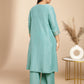 Janasya Gathering Muslin Sage Yoke Embroidery V-Neck Kurta Set | Swadesiicart