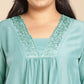 Janasya Gathering Muslin Sage Yoke Embroidery V-Neck Kurta Set | Swadesiicart