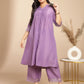 Janasya Pleated Muslin Lavender Embroidered V-Neck with Band Collar Kurta & Bottom | Swadesiicart