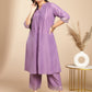 Janasya Pleated Muslin Lavender Embroidered V-Neck with Band Collar Kurta & Bottom | Swadesiicart