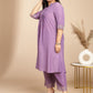 Janasya Pleated Muslin Lavender Embroidered V-Neck with Band Collar Kurta & Bottom | Swadesiicart