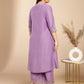 Janasya Pleated Muslin Lavender Embroidered V-Neck with Band Collar Kurta & Bottom | Swadesiicart