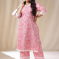 Janasya Straight Cambric Pink Floral V-Neck Set | Swadesiicart