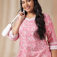 Janasya Straight Cambric Pink Floral V-Neck Set | Swadesiicart