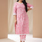 Janasya Straight Cambric Pink Floral V-Neck Set | Swadesiicart