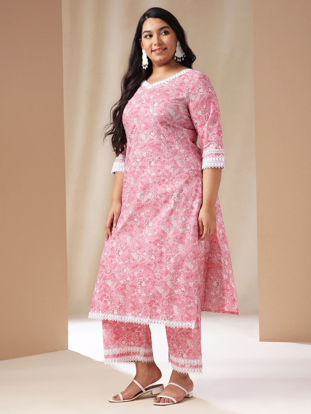 Janasya Straight Cambric Pink Floral V-Neck Set | Swadesiicart