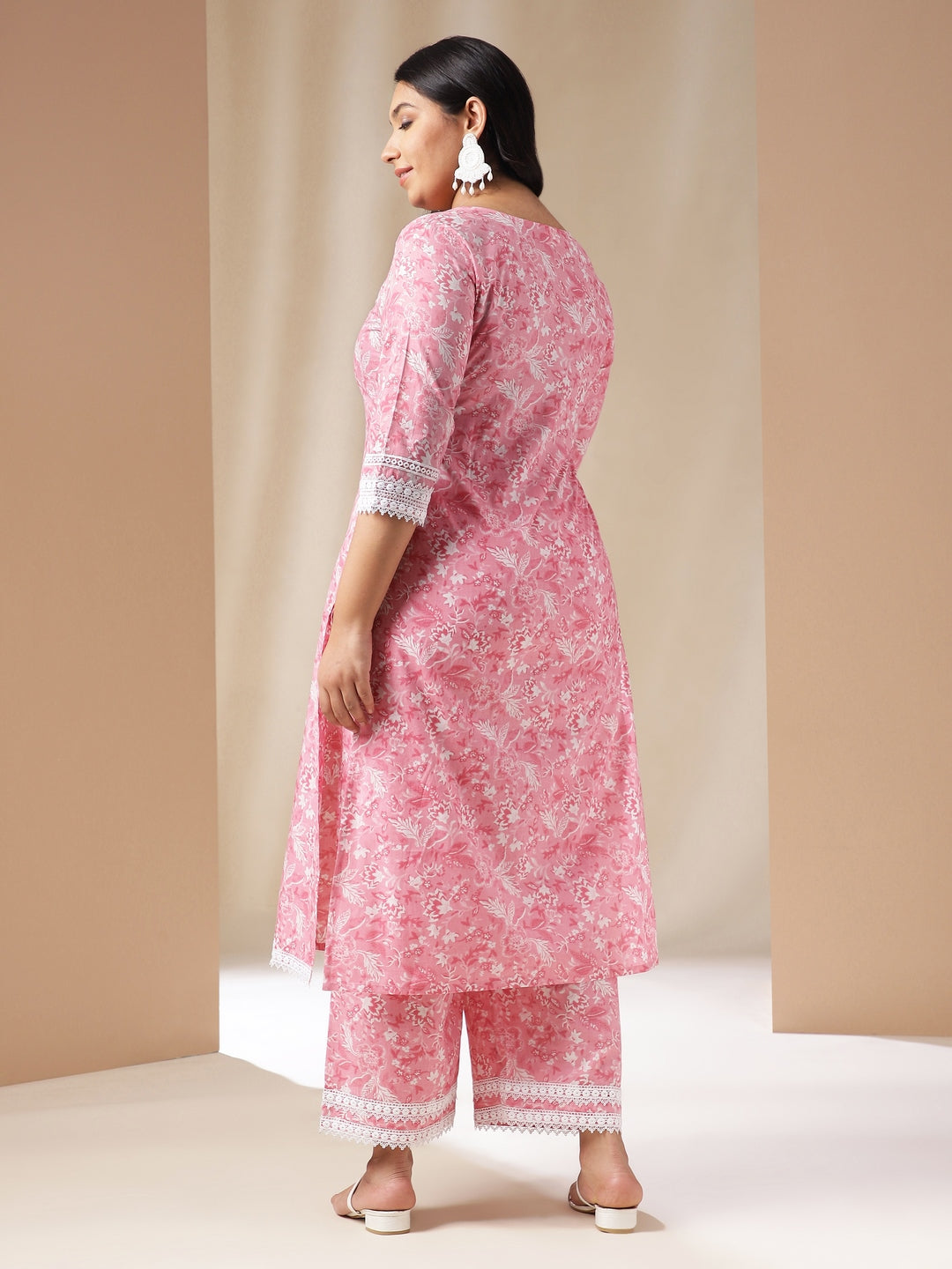 Janasya Straight Cambric Pink Floral V-Neck Set | Swadesiicart