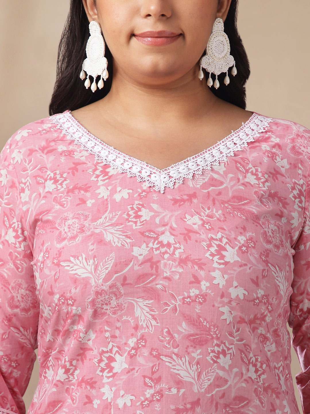 Janasya Straight Cambric Pink Floral V-Neck Set | Swadesiicart