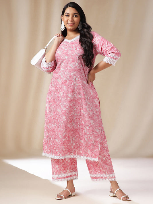 Janasya Straight Cambric Pink Floral V-Neck Set | Swadesiicart