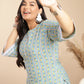 Janasya Regular Cotton Cambric Light Blue Floral Notch Neck Kurta Set | Swadesiicart