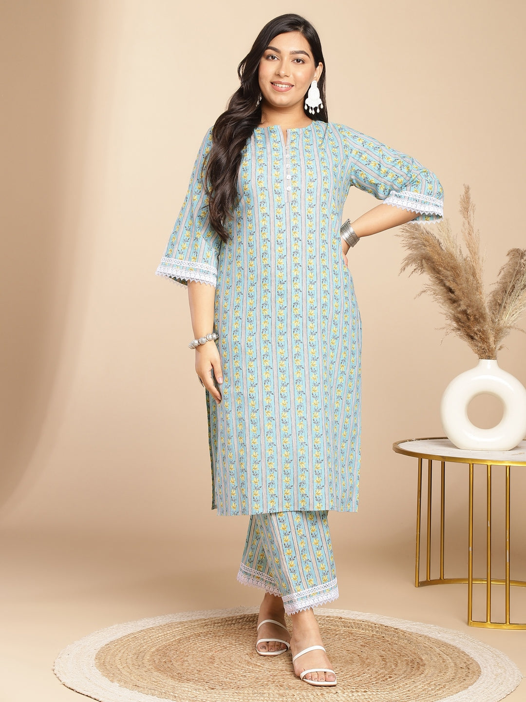 Janasya Regular Cotton Cambric Light Blue Floral Notch Neck Kurta Set | Swadesiicart