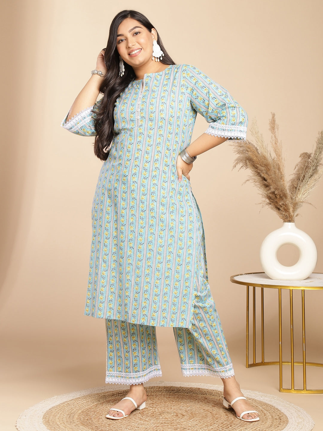 Janasya Regular Cotton Cambric Light Blue Floral Notch Neck Kurta Set | Swadesiicart
