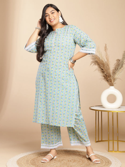 Janasya Regular Cotton Cambric Light Blue Floral Notch Neck Kurta Set | Swadesiicart