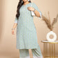 Janasya Regular Cotton Cambric Light Blue Floral Notch Neck Kurta Set | Swadesiicart