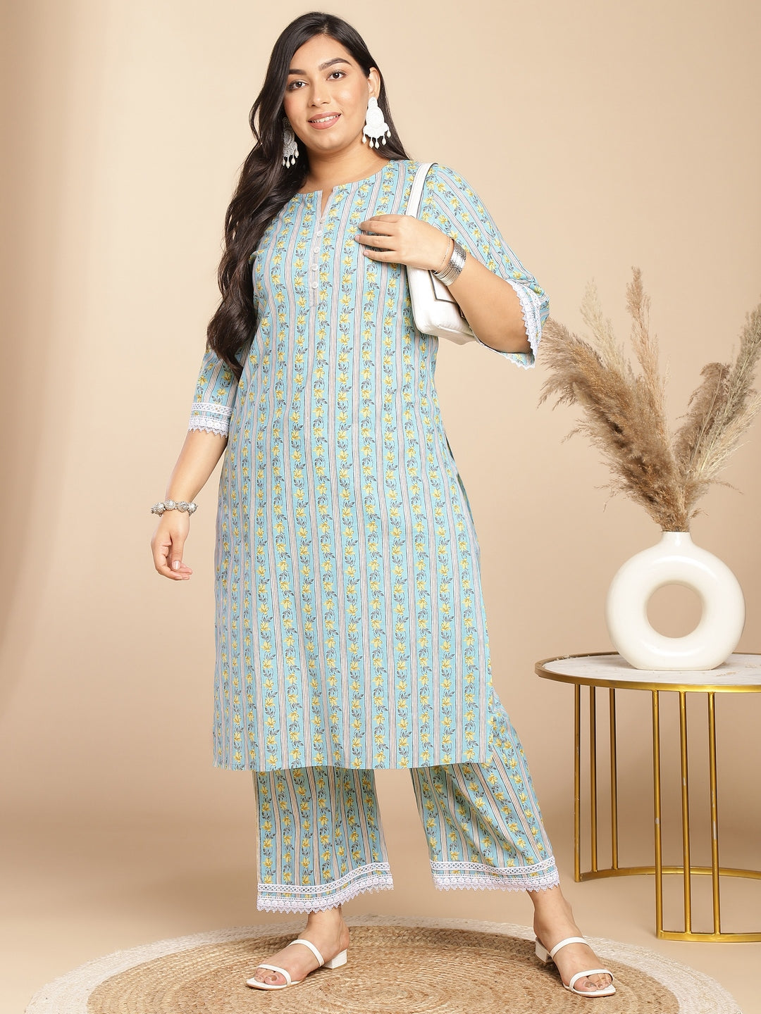 Janasya Regular Cotton Cambric Light Blue Floral Notch Neck Kurta Set | Swadesiicart