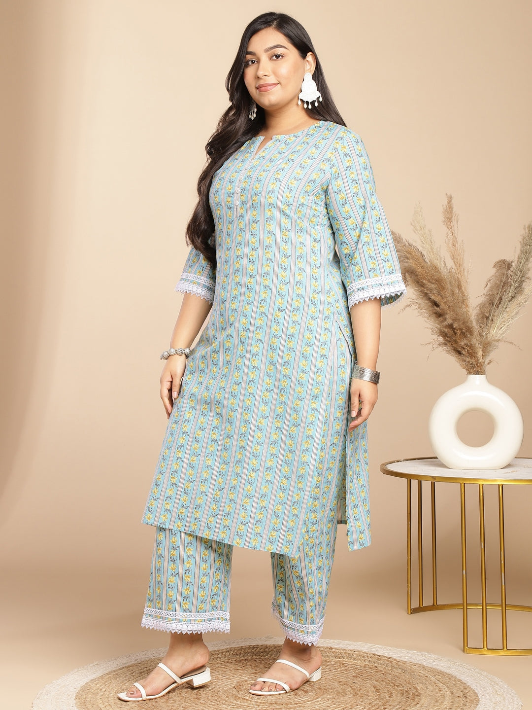 Janasya Regular Cotton Cambric Light Blue Floral Notch Neck Kurta Set | Swadesiicart