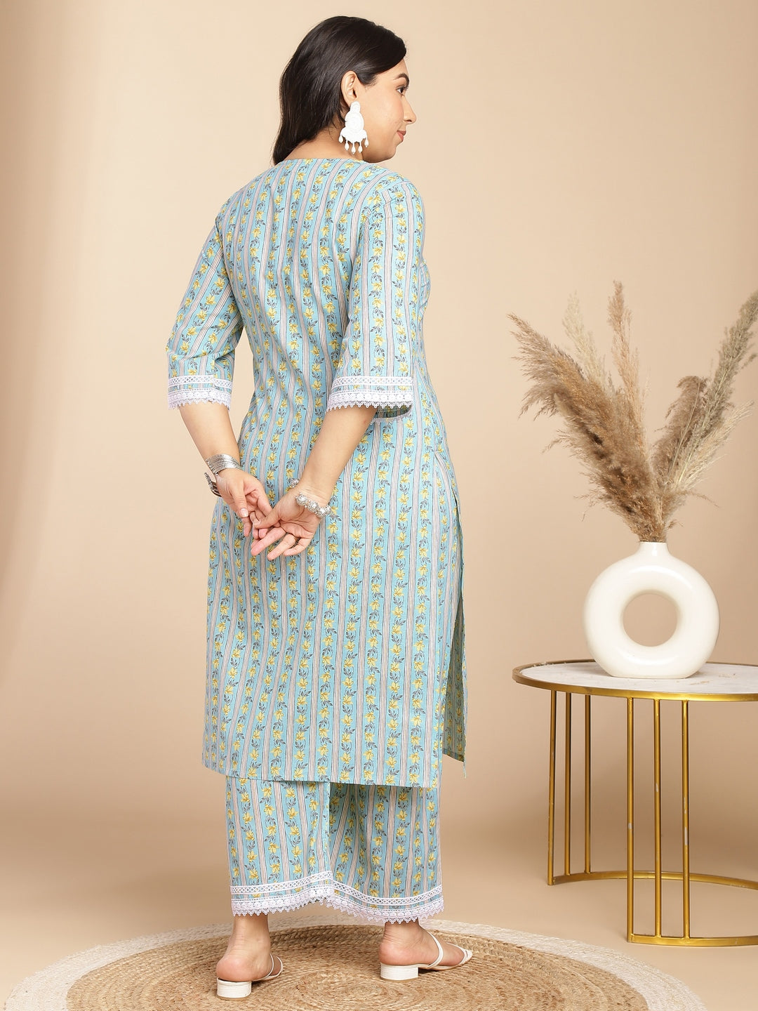 Janasya Regular Cotton Cambric Light Blue Floral Notch Neck Kurta Set | Swadesiicart