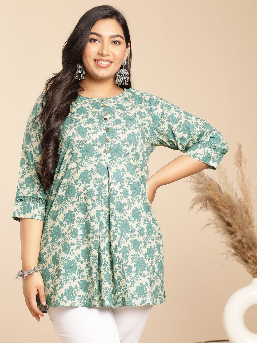 Janasya A-Line Cambric Sage Floral Round Neck Tunic | Swadesiicart