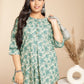 Janasya A-Line Cambric Sage Floral Round Neck Tunic | Swadesiicart