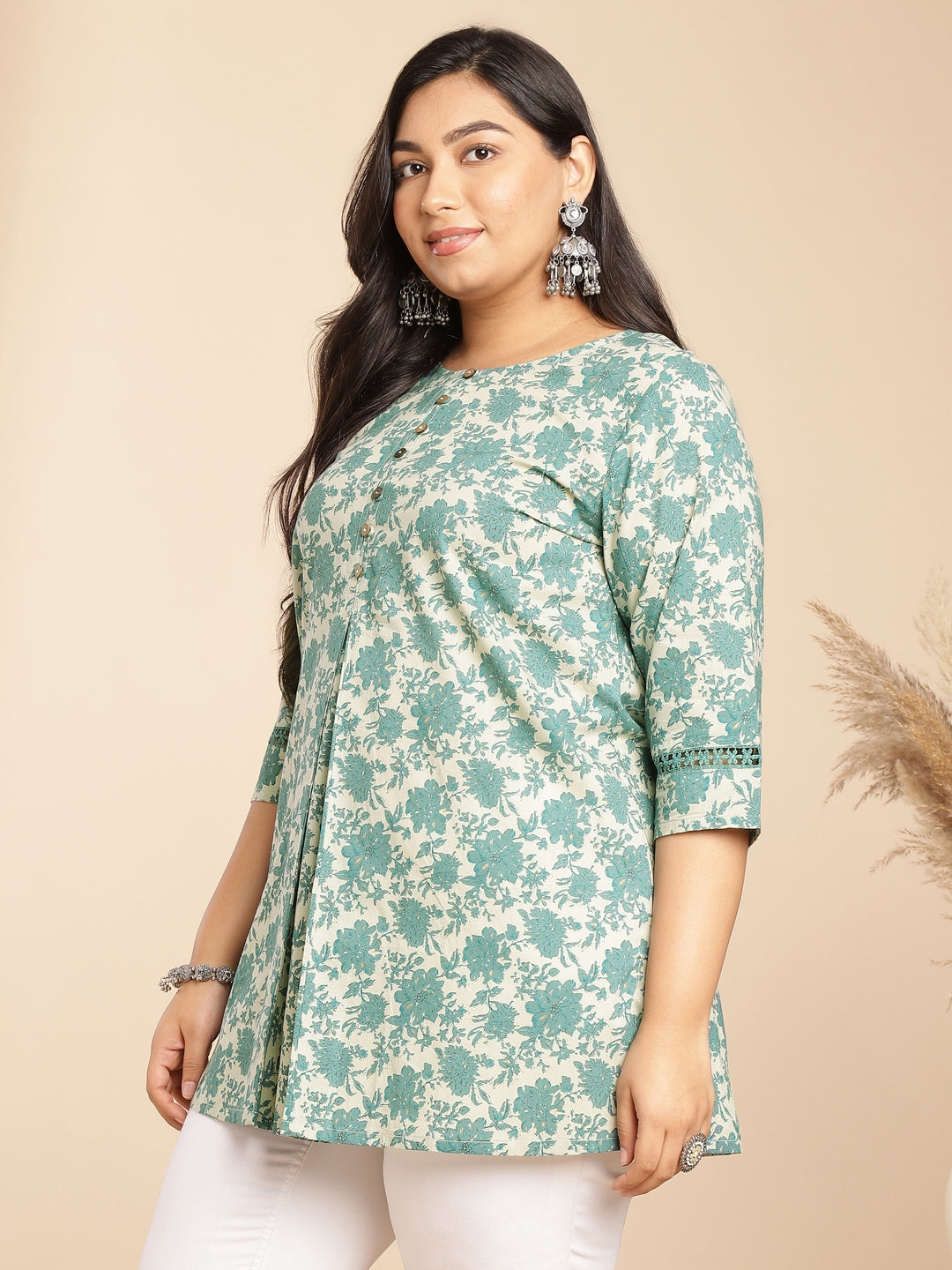 Janasya A-Line Cambric Sage Floral Round Neck Tunic | Swadesiicart