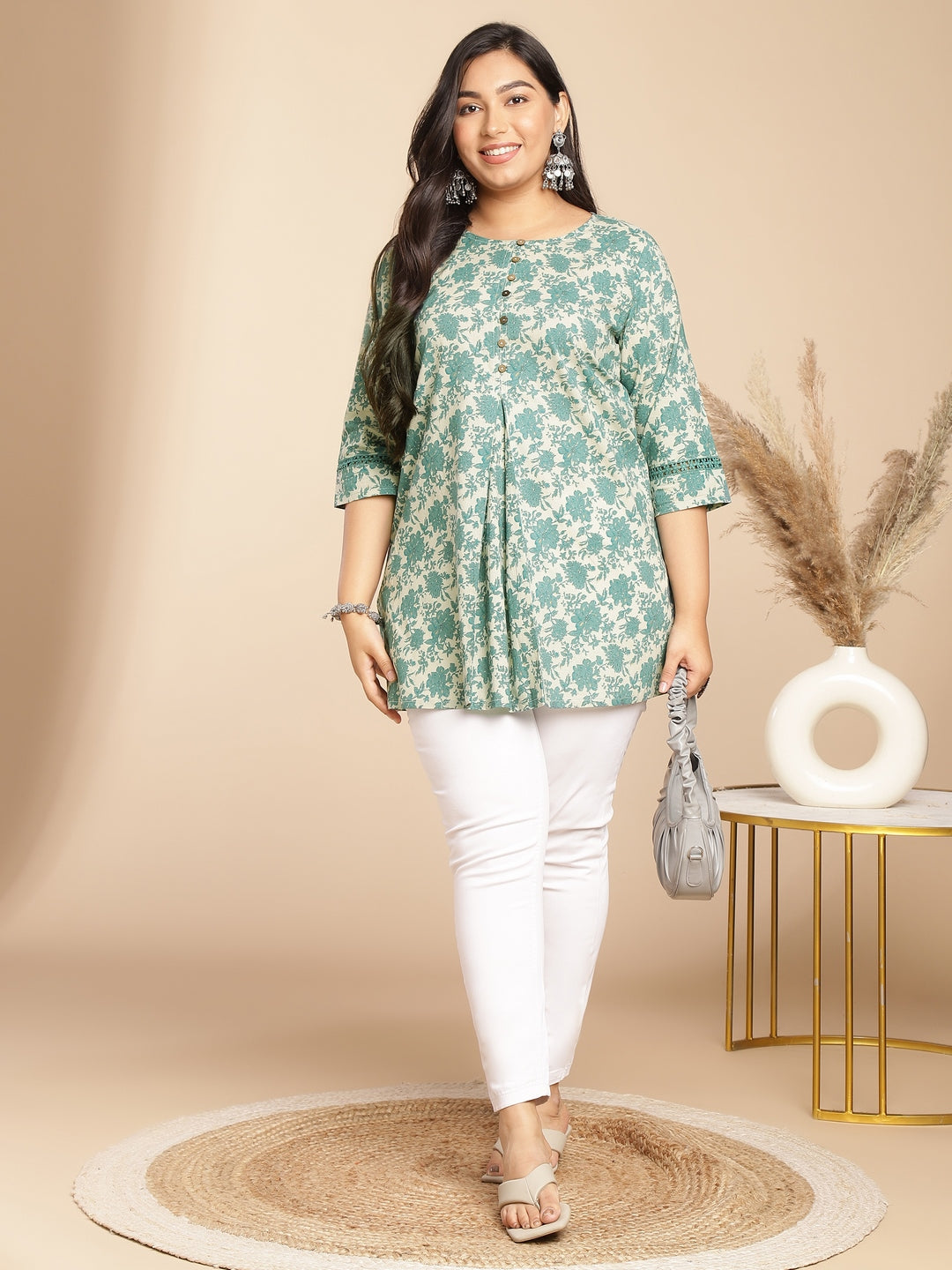Janasya A-Line Cambric Sage Floral Round Neck Tunic | Swadesiicart