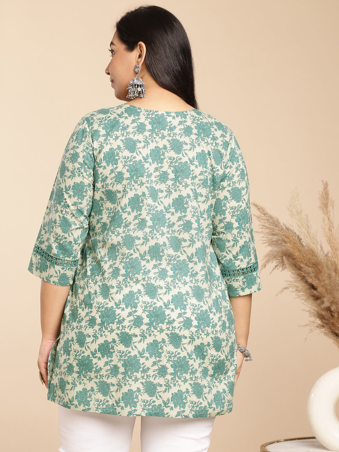 Janasya A-Line Cambric Sage Floral Round Neck Tunic | Swadesiicart