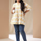 Janasya Pleated Cambric Off White Ikkat Notch Neck Tunic | Swadesiicart