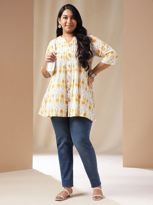 Janasya Pleated Cambric Off White Ikkat Notch Neck Tunic | Swadesiicart