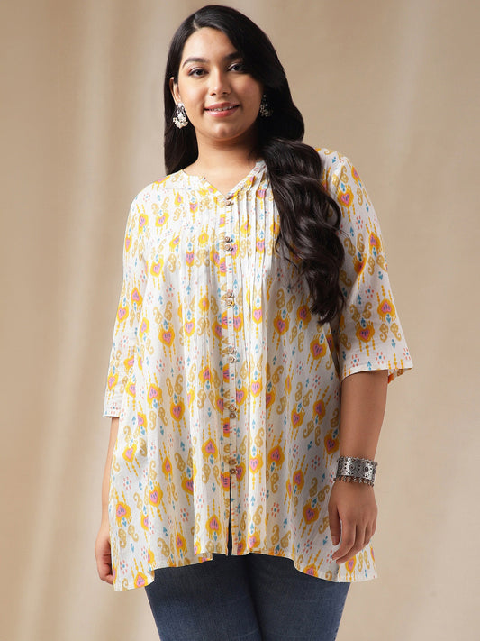 Janasya Pleated Cambric Off White Ikkat Notch Neck Tunic | Swadesiicart