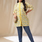 Janasya A-Line Cambric Off White Floral Band Collar Tunic | Swadesiicart